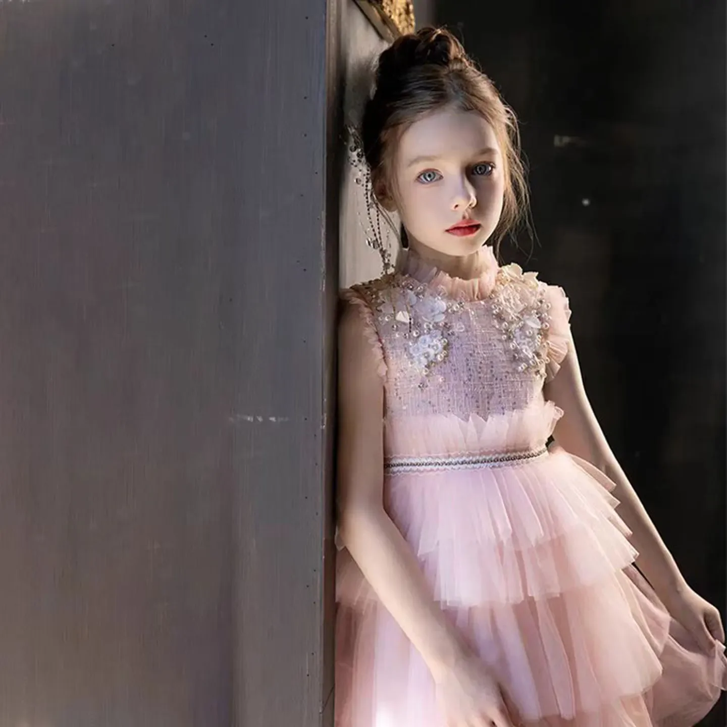 

Elegant Pearls Pink Arabic Flower Girl Dress A-Line Princess Children Wedding Birthday Pageant Party Evening Gown