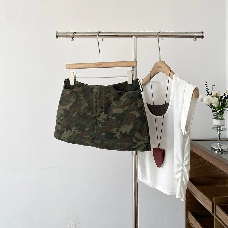 Retro Low Waist A Word Cargo Camouflage Skirt Women's Mini Skirt 2026 Summer New Denim Skirt