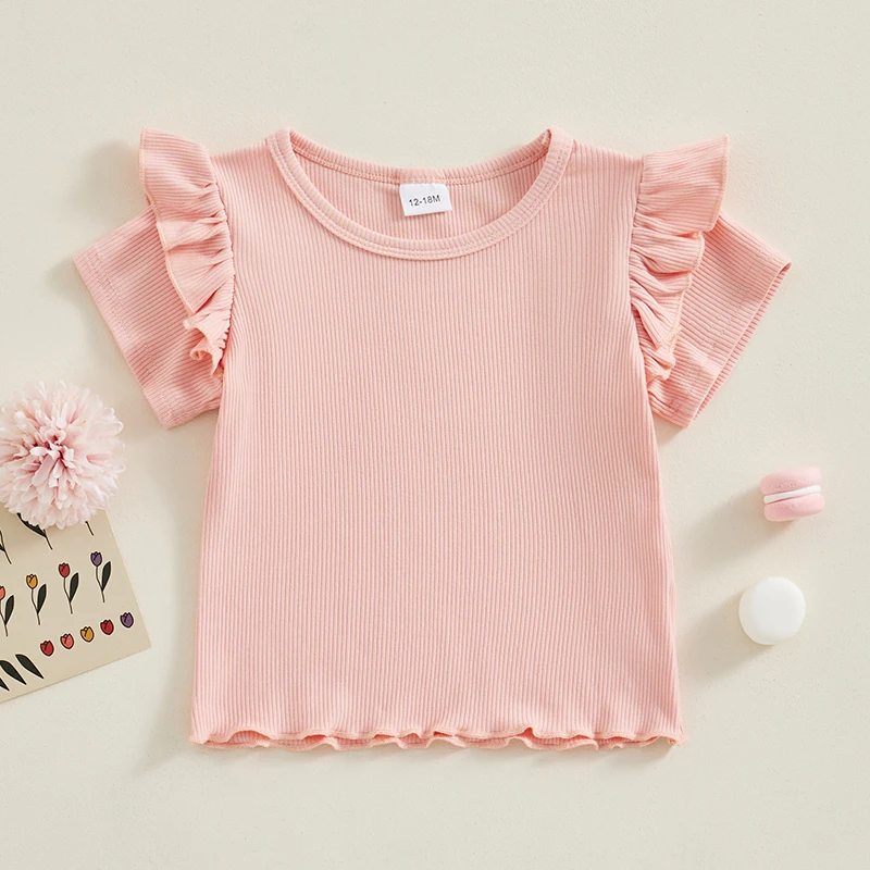 12 18 Months 2T 3T 4T 5T Toddler Baby Girl Summer Shirts Ribbed Ruffle Short Sleeve T Shirt Top Basic Plain Blouse