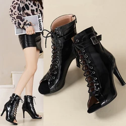 2024 New Fashion Women Black Lace-up High Heels Jazz Beginner 9CM Heels Open-toe Sexy Party Dance Shoe Summer Sandal Short Boots