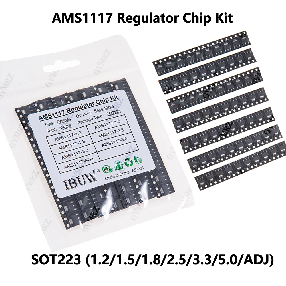 70PCS 7Values AMS1117 Regulator Chip Kit SOT223 (1.2/1.5/1.8/2.5/5.0/ADJ) Component DIY Electronic Power Supply Project 3.3