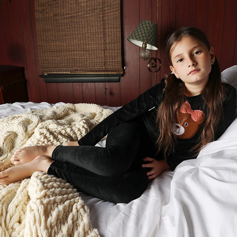 AA-Sibling Family Matching Black Velour Children Pajamas Nightgown Baby Romper Sherpa Bear Pajamas Set