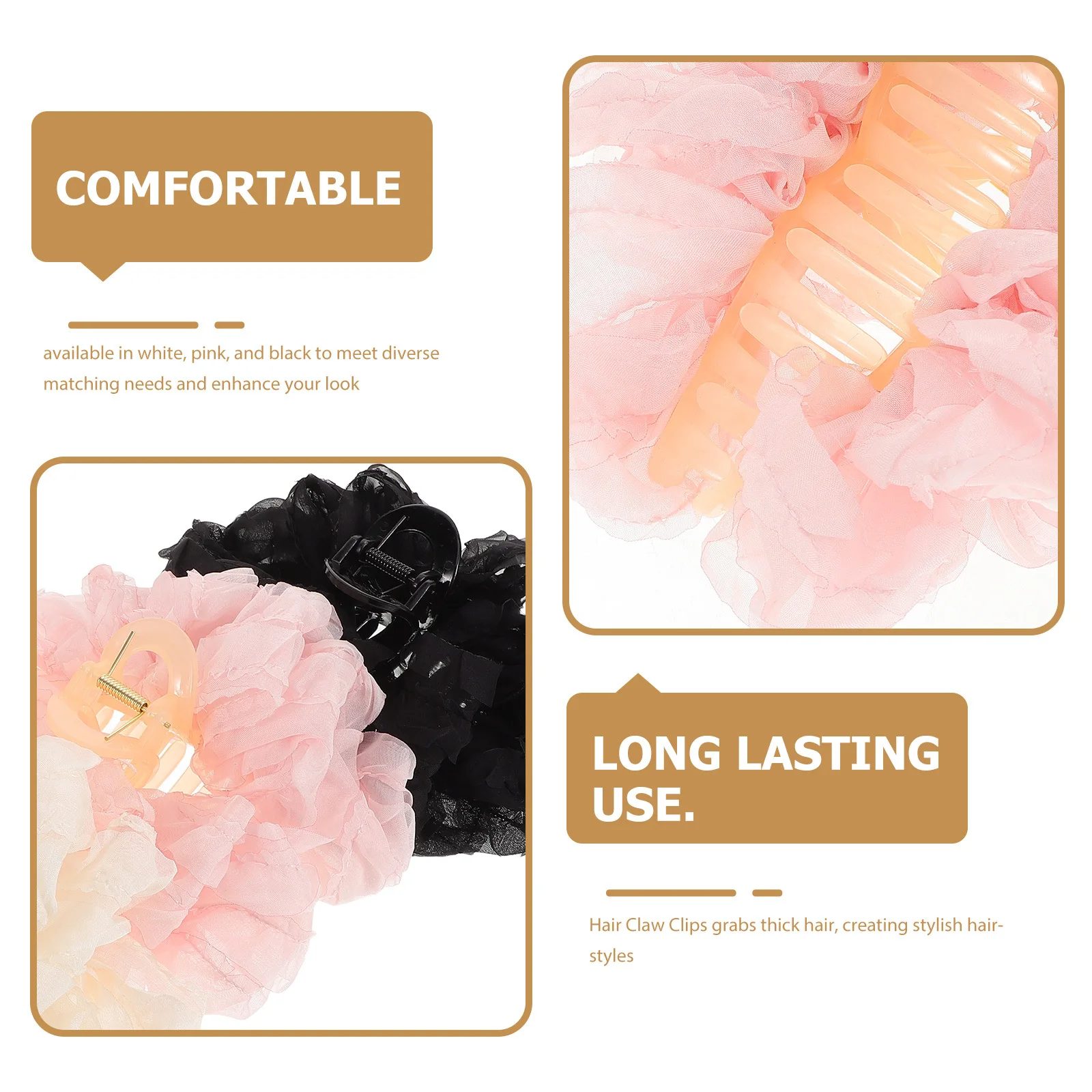 3 قطع من مشابك شعر على شكل فيونكة باللون الأبيض والوردي والأسود، مشابك فكية آمنة، ملحقات تصفيف الشعر السميكة مناسبة #6