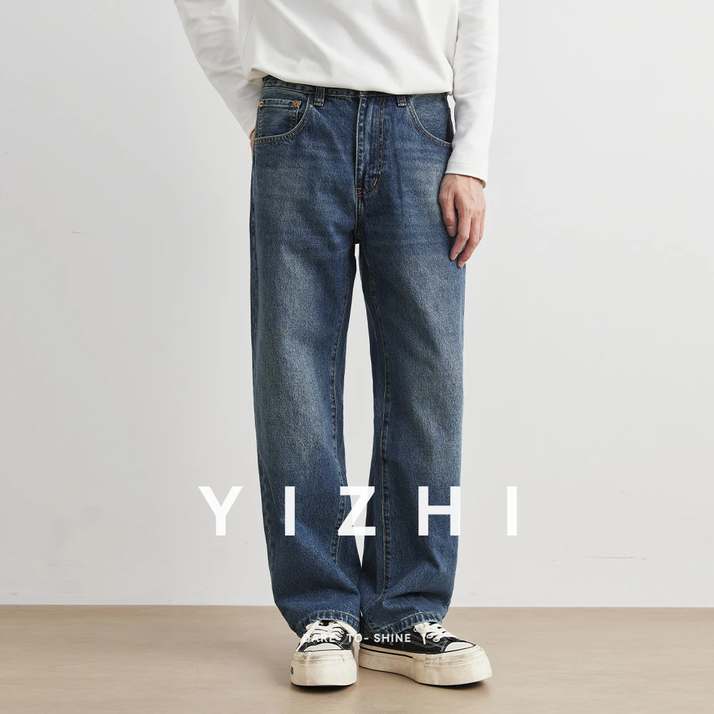 Blue Washed American Style Men's Jeans Straight Leg Loose Wide Leg Pants Retro Trendy Brand Casual Wear All Seasons Size Plus