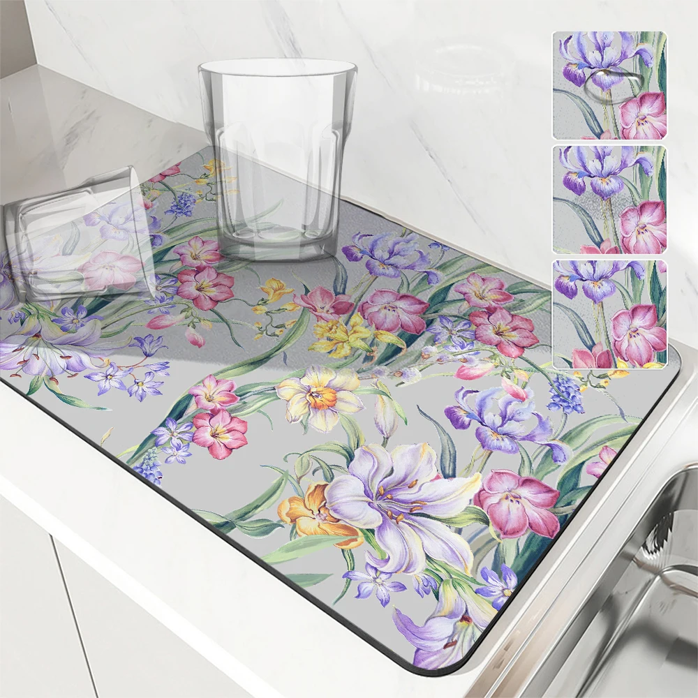 Watercolor Art Absorbent Mat Plant Flower Draining Mat Kitchen Tableware Drying Tableware Non-slip Carpet Tableware