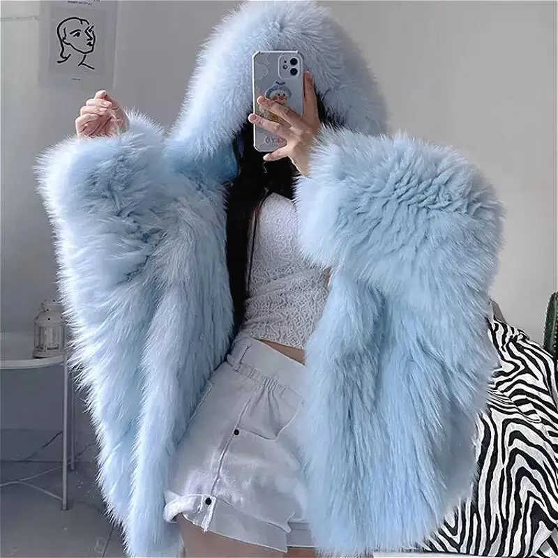 Faux Fox Coats Women Jackets Mid Length Blue Hooded Long Sleeves Thick Warm Fur Loose Fit Casual 2026 Autumn Winter