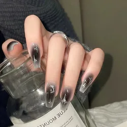 Uñas postizas y2k de 24 piezas, Uñas postizas de color negro degradado, con diseños, cobertura completa