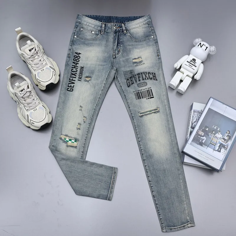 Ripped print jeans men's street fashion high-end fashion design leisure slim-fitting small straight stretch pants