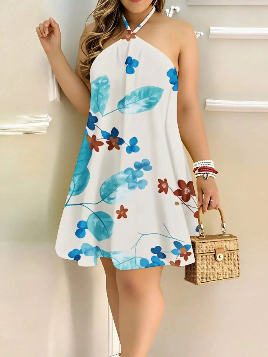 

Floral Print Halter Neck Mini Dress Women Summer Beach Casual Sundress