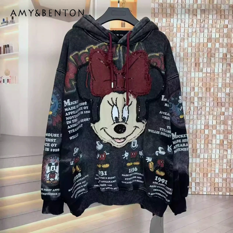 Heavy Industry New Winter Embroidery Fleece Full Print Cartoon Sweatshirts Loose Fashion Thickened Hooded Jacket Pullover Ladies