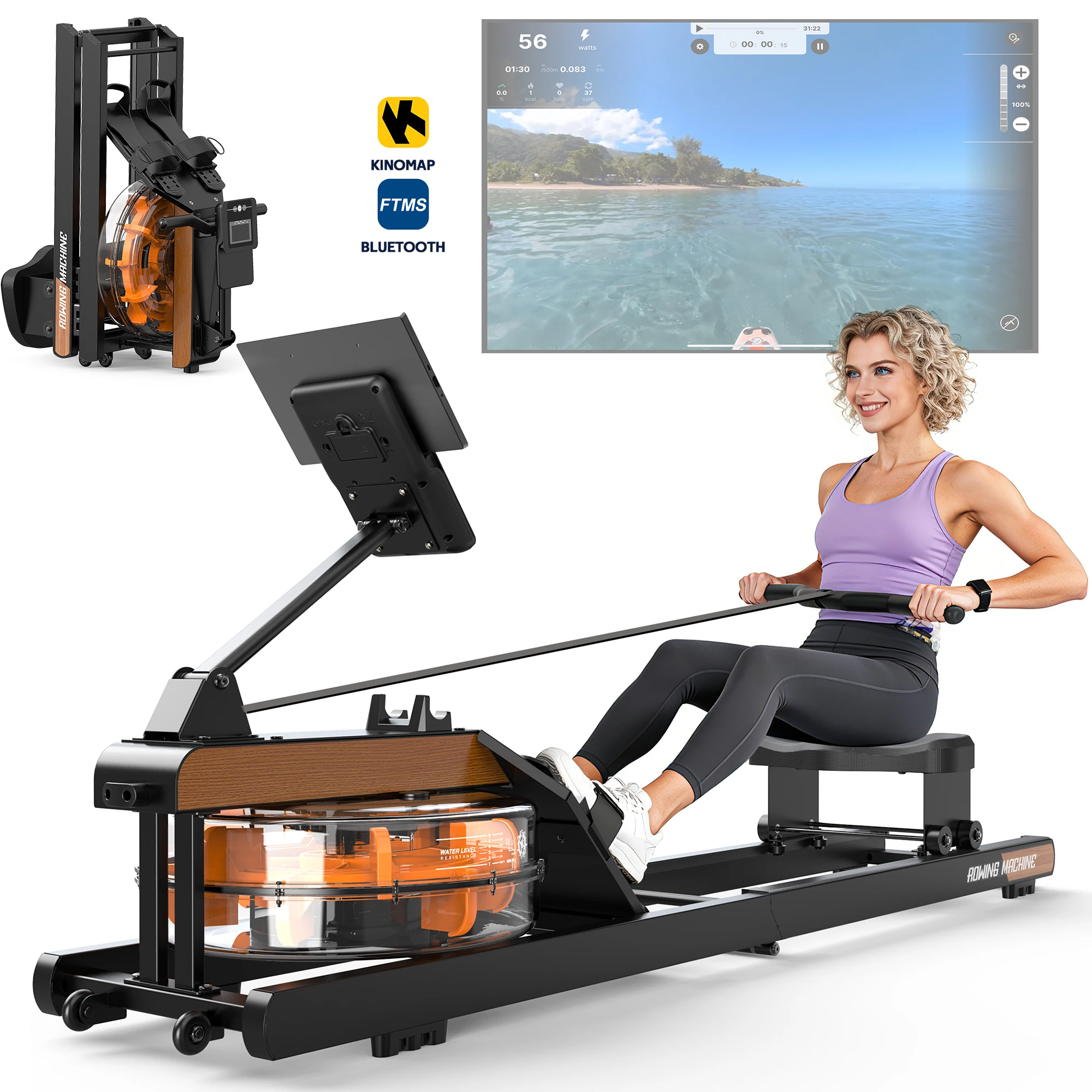 Klappbares Wasser-Rudergerät für Zuhause mit Bluetooth-Monitor, 160KG Maximallast, Indoor-Fitnessgerät