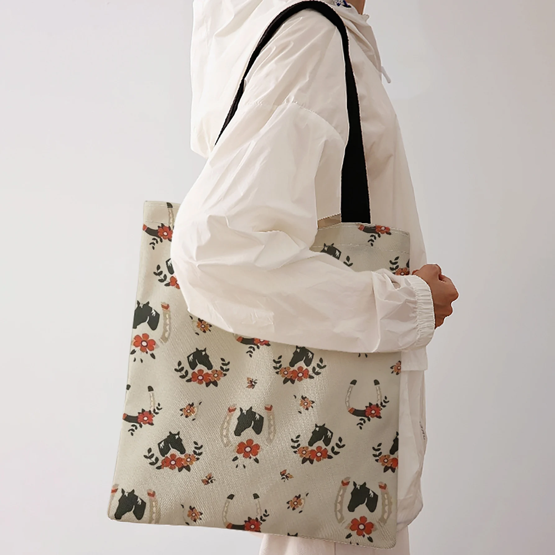 Horse Head Horseshoe Floral Repeat Print Tote Bag Large Capacity Shoulder Bag For Shopping Travel Daily Use