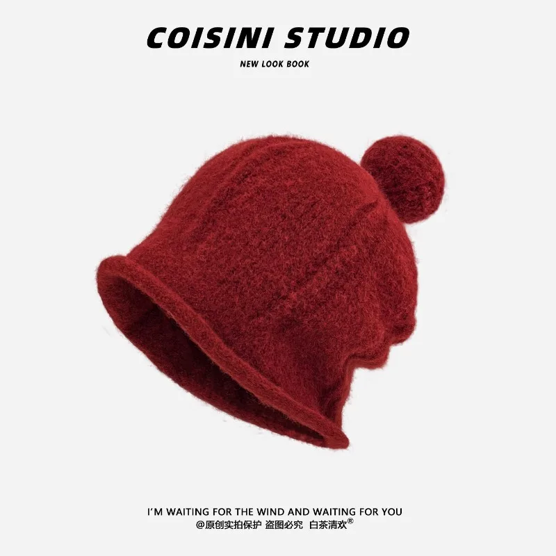 Koreanische einfache Strickmütze mit gekräuseltem Rand und niedlichem Pompon-Design für Damen, Winter, großer Kopfumfang, Ohrenschutz, warme Beanie-Mütze, Bonnet. – Detail 2