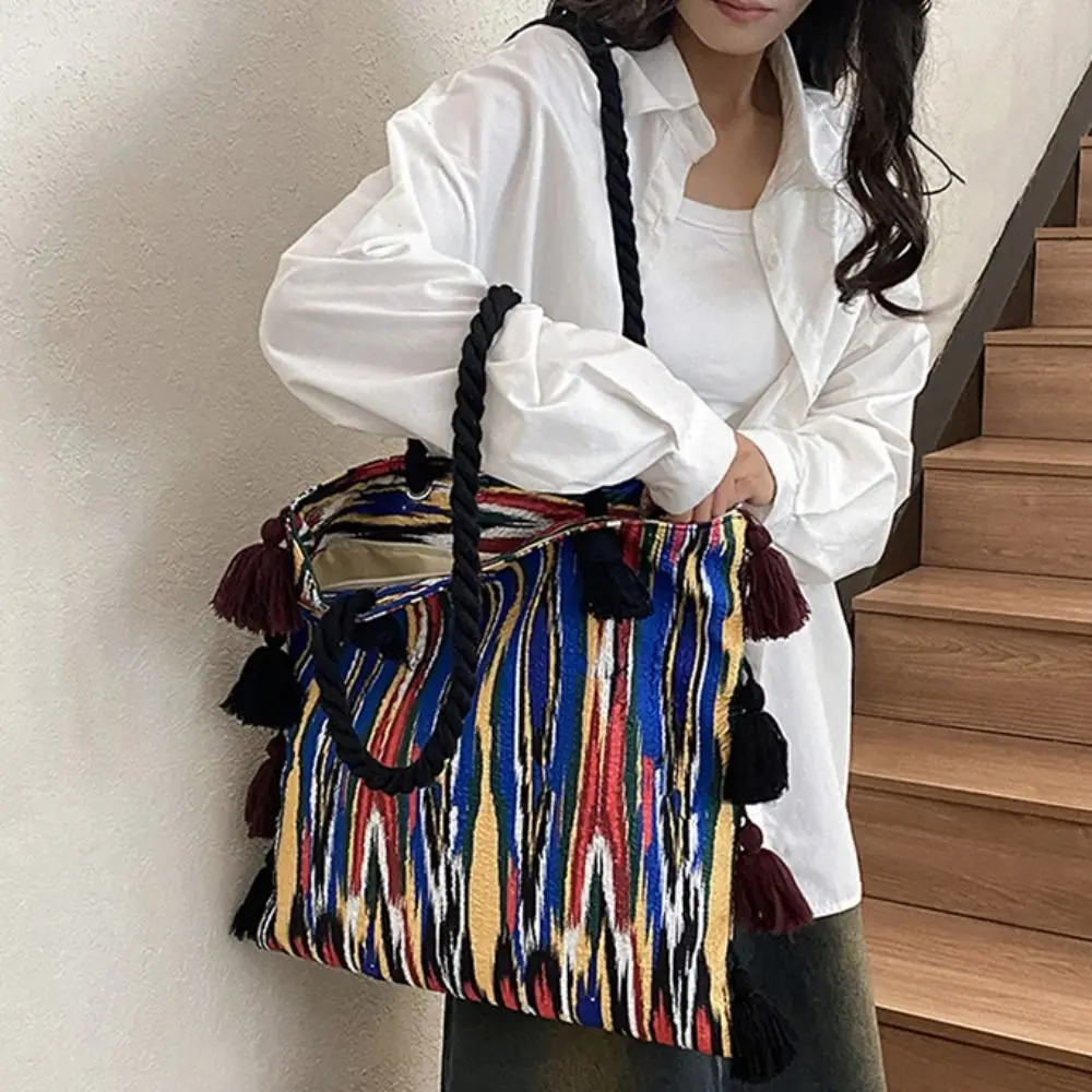 Большая вместительная сумка-тоут с кисточками, тканевая бахрома, сумка на плечо в этническом стиле, богемная сумка на шнурке с геометрическим узором для девочек