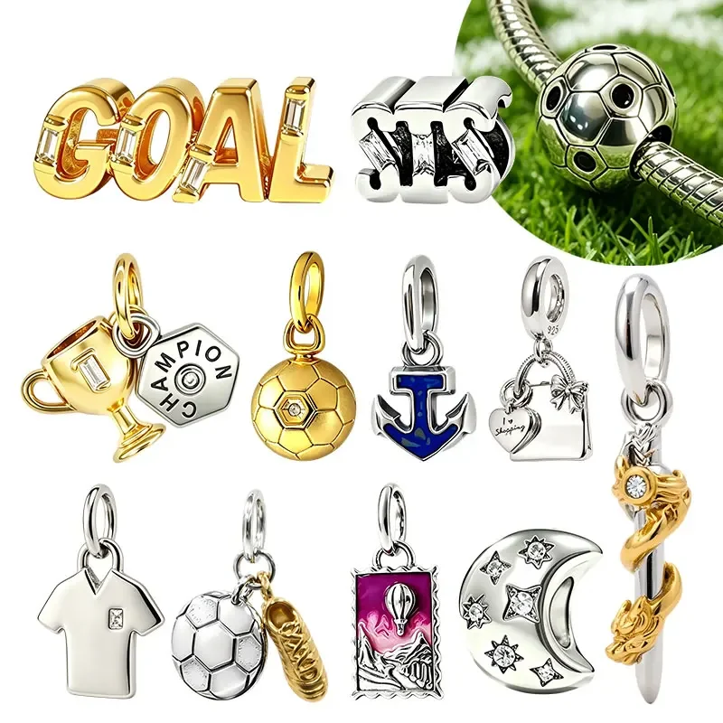 Original S925 Silver Sport Theme Charms Gold Plated Soccer Jersey Dragon Moon Zircon Beads Fit Bracelet Jewelry Gifts for Women