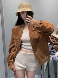 Kar＆Otza-2024 autumn new dark brown suede zipper Hong Kong style retro high waist short jacket women's chic commuter top