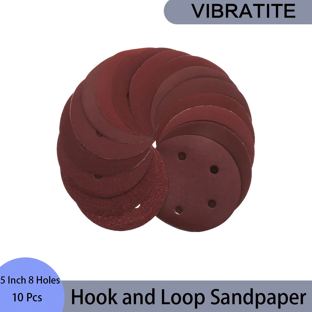 

5 Inch 5 Holes Red Sandpaper 10Pcs Assorted 120/150/180/240 Grit Hook and Loop for Polishing and Grinding Wood Metal Stone