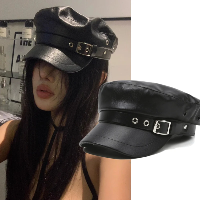 النساء السود بولي Leather القبعات الجلدية القوطية قبعات مسطحة موضة خمر قبعة واقية من الشمس إنجلترا شقة Y2k الفتيات الشرير نمط قبعة البيريه #5