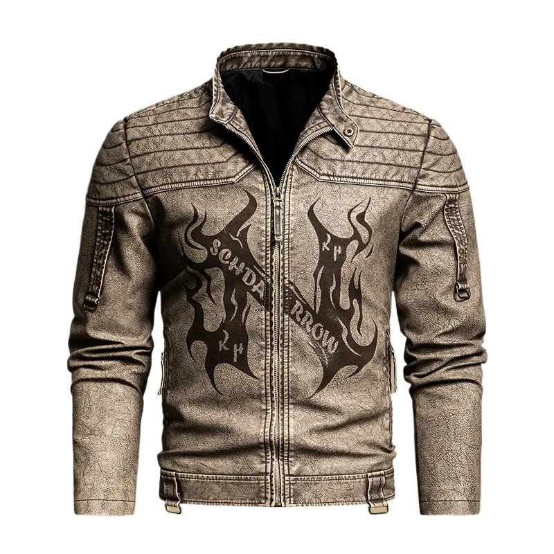 Men's Fashion Leather Biker Jacket High Street Vintage Printed PU Motorcycle Rider Coat Retro Windproof Moto Outerwear