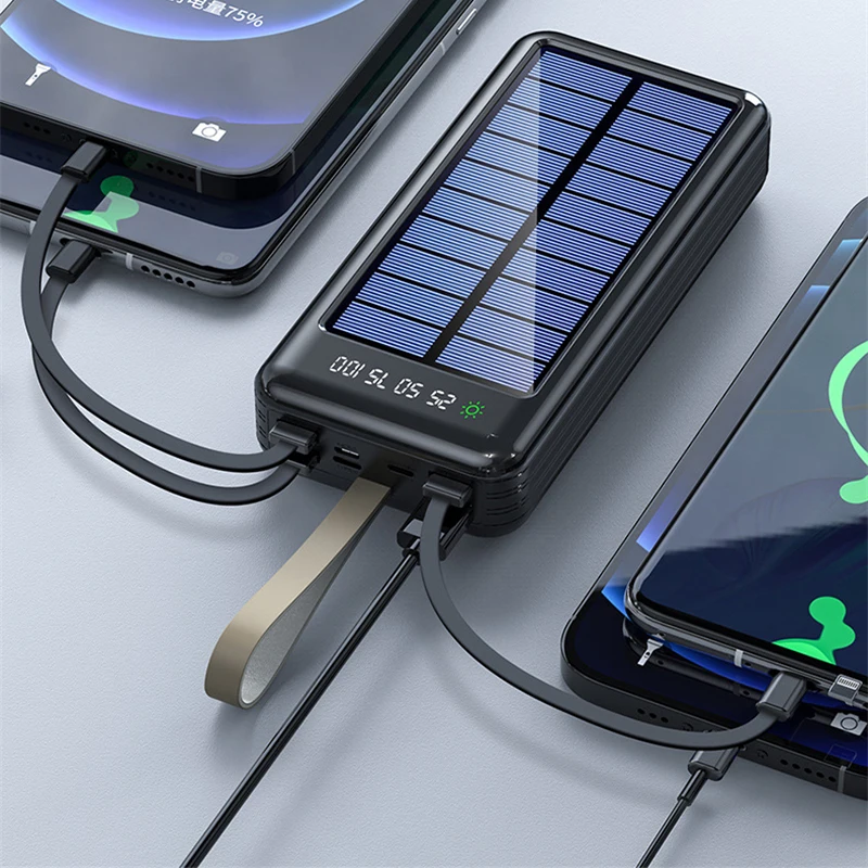 80000mAh Solar Power Bank Built in Cable Portable Charger Powerbank for iPhone Samsung Huawei Xiaomi External Spare Battery Pack