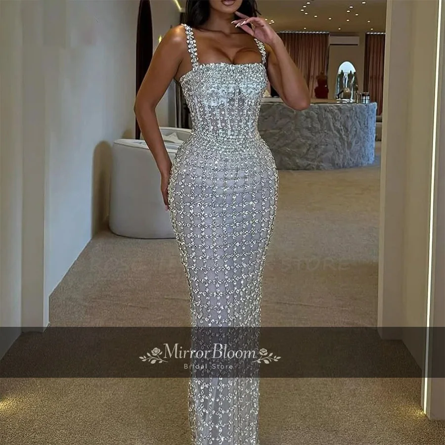 

Silver Mermaid Evening Dress Women Beaded Square Neck Puff Sleeve Formal Prom Gown Luxury Party Dresses Floor Length Customized