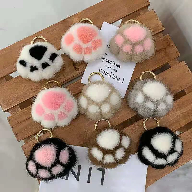 1Pcs Women\'s Cat Paw Faux Fur Keychain Charm Fashion Plush Bear Paw Car Keychain Bag Pendant Party Favor Jewelry