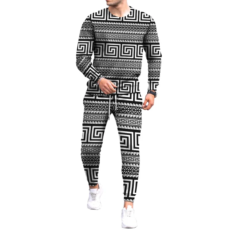 Spring And Autumn Men's Sportswear Color Geometric Pattern 3D Printed Clothing Set New Men's Fashion Head Sports 2-piece Set