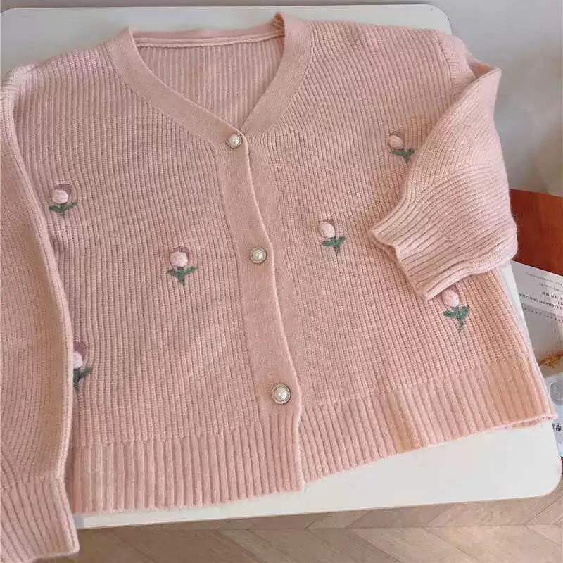 Cardigã de pescoço para mulheres, suéteres de flores, solto e bonito, elegante e doce, moda coreana, outono e inverno