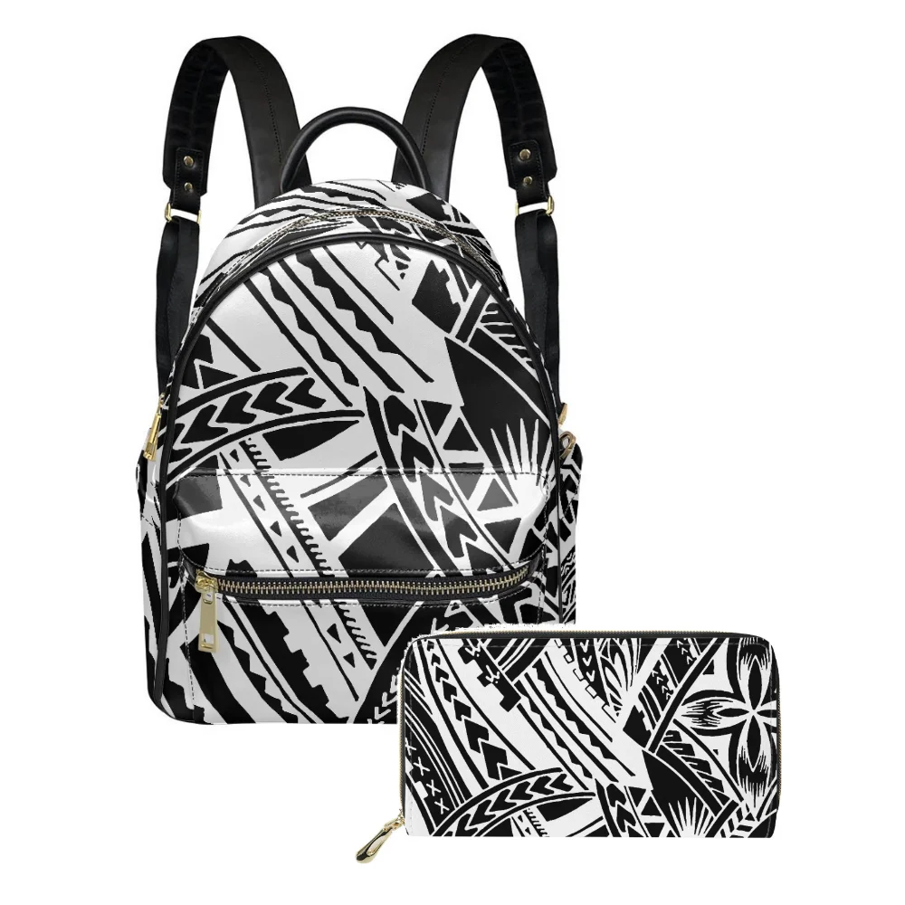 

Polynesian Backpack Casual Women Pu Backpack Pu Wallet Custom Pattern Text Logo Casual 2-Piece Set High Quality Durable Backpack