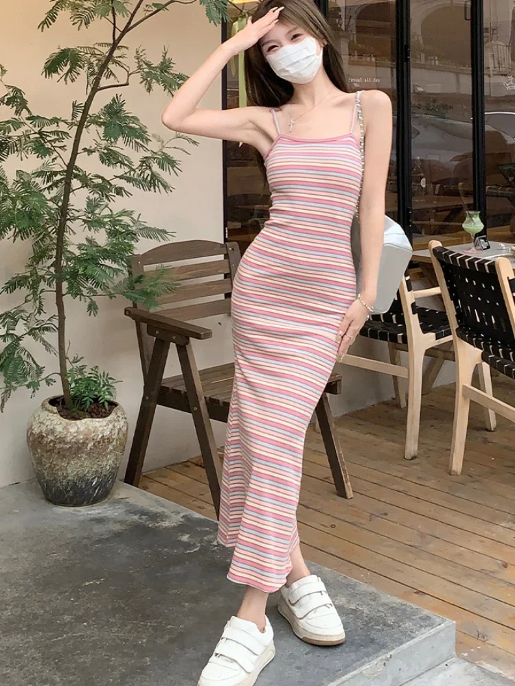 Rainbow Dresses Women Sleeveless Striped Slim Summer Korean Style Sweet Girlish Simple Leisure Sundress Age-reducing Ulzzang