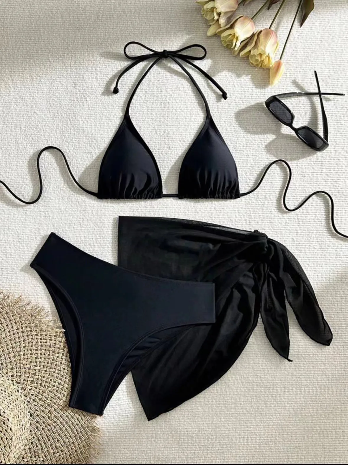 Sexy einfarbige Bikini-Sets mit Neckholder in Schwarz und Weiß, 2-farbig, 3-teilig, mit Überrock, Badeanzug, Badeanzug, Strand-Outfits, Biquini