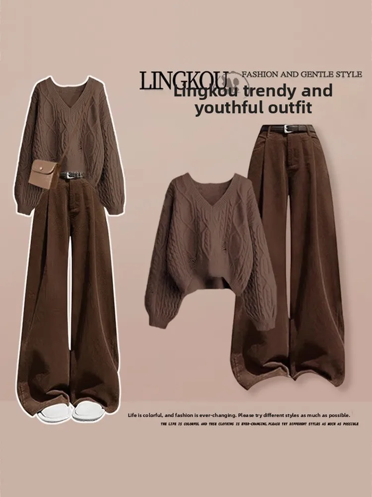 

Осенний вязаный свитер русалки больших размеров и комплект широких брюк для женщин, винтажный комплект изношенных дырков, утягивающий повседневный наряд