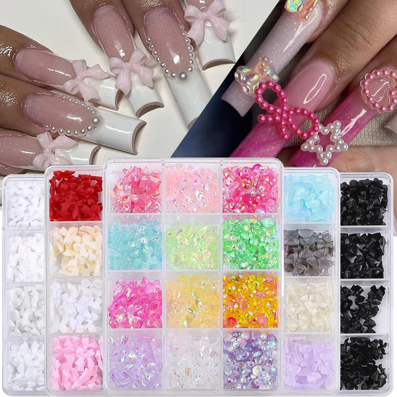 12Grids/box Cute Mixed Resin Bowknot Nail Art Decorations 3D Acrylic Pearl Beads Kawaii Colorful Bowknot DIY Manicure Tools Part