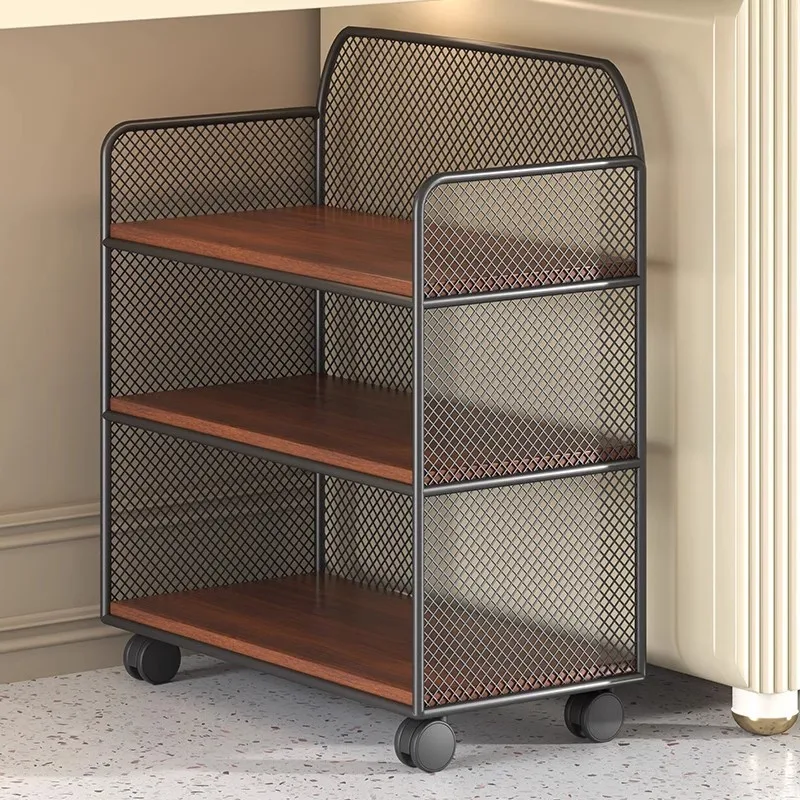 High quality iron art office desktop storage rack with elevated guardrails, universal wheels, file storages small push racks
