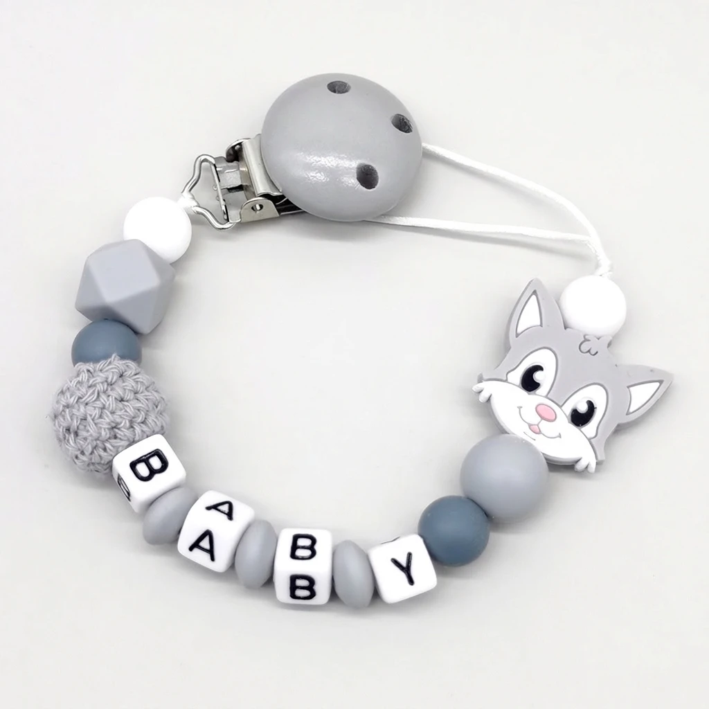Personalized Baby Pacifier Clip Custom Name Wolf Silicone Teether Chain BPA Free Dummy Holder Newborn Gift