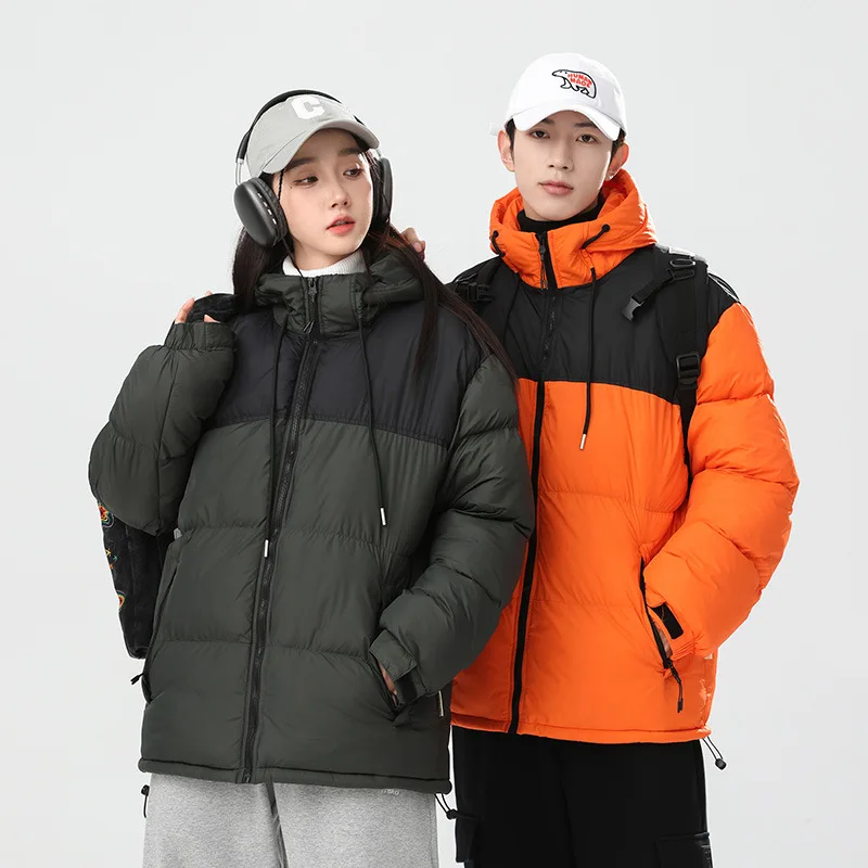 2024 Winter New Couple Patchwork Hooded Parkas Cotton Jacket Men Women Casual Bread Clothing Thickened Padded Cotton Warm