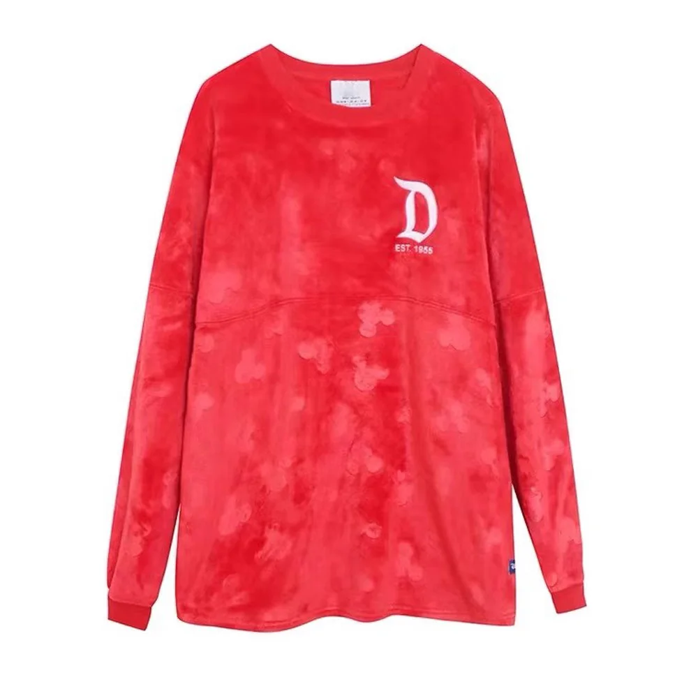 Disney Women Couple Disneyland Letter Hoodies Sweatshirt Unisex Castle 2025 Casual Red Loose O-Neck Long Sleeves Velvet Jumper