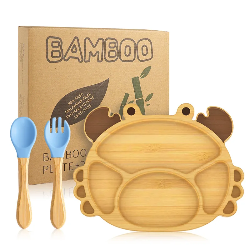 3Pcs/Set Baby Feeding Bamboo Dinner Plate Bowl Wooden Fork Spoon Kids Feeding Tableware Wood Non-slip With Silicone Suction Cup