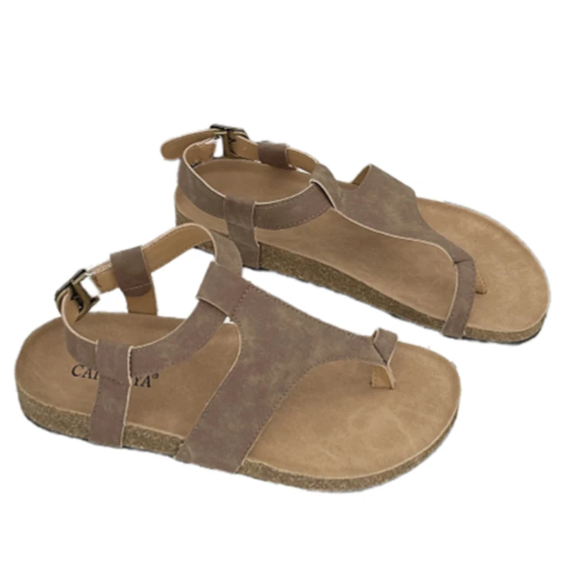 Black Flat Shoes For Woman Thong Sandals Summer Platform Flats Belt Buckle Ladies Shoes Retro Low Heels Sandals