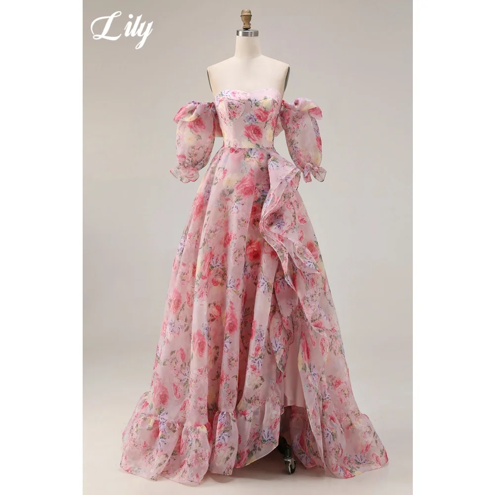 

Lily Pink Chiffon A-Line Prom Dress Foral Print Elegant Evening Dress Sweetheart Asymmetric Pleat Formal Party Dress Customized