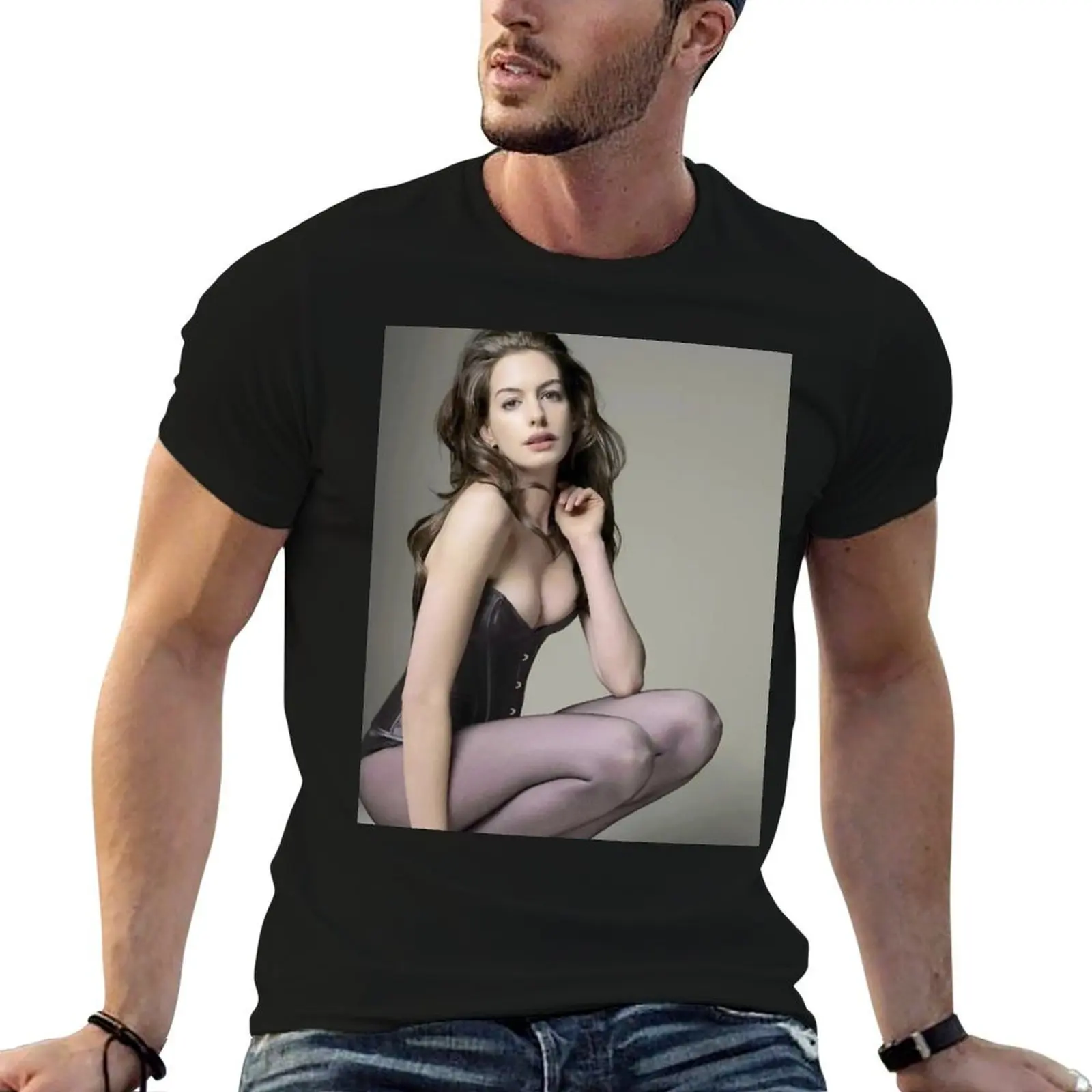 Camiseta sexy de Anne Hathaway, camiseta gráfica para hombre, camiseta de algodón negra, camiseta lisa para hombre, paquete de camisetas para hombre, camiseta gráfica divertida