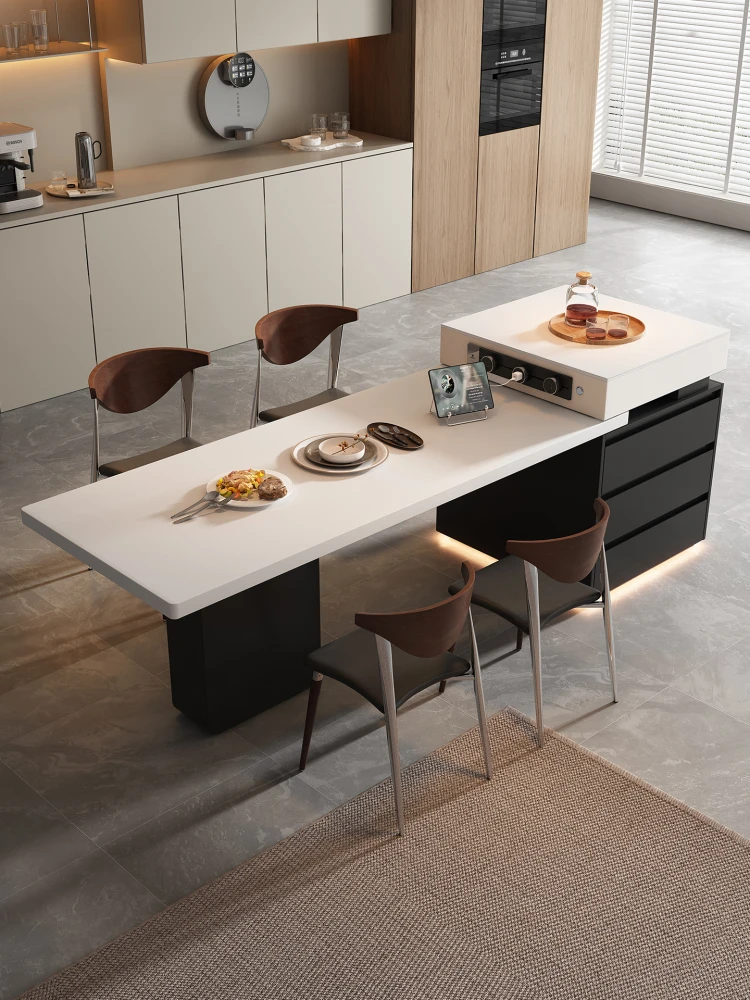 

Rock slab kitchen island dining table integrated household retractable tea table high-end collapse
