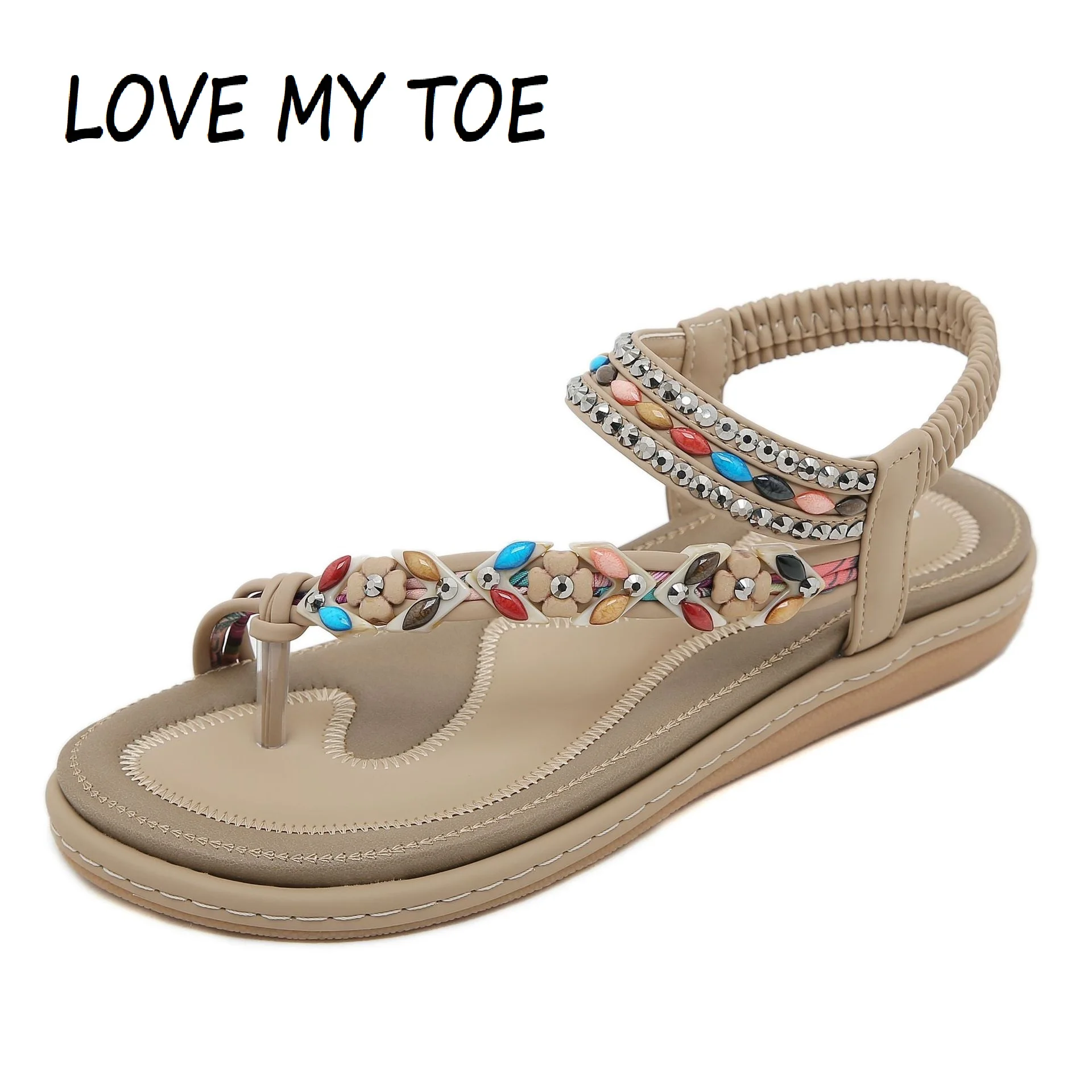 

Сандалии женские из ПУ кожи, повседневные Нескользящие мягкие пляжные богемные туфли на плоской подошве, с блестящими стразами, с бусинами, в римском стиле, лето 2024