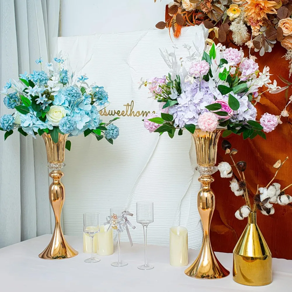 22in Gold Vases for Centerpieces, 2Pcs Metal Tall Trumpet Vases Wedding Reception Centerpieces, Crystal Flower Vase