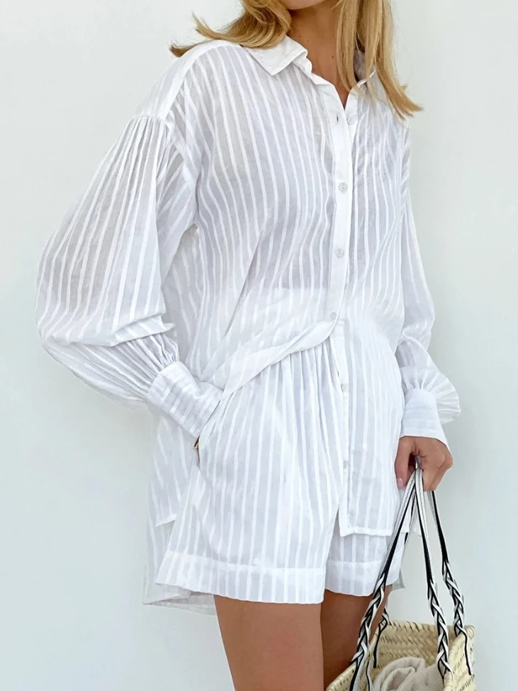 مجموعات السراويل غير رسمية مخطط الجاكار 2 قطعة مريحة التلبيب فانوس كم قميص الصيف الزي مرونة الخصر السراويل الدعاوى #1