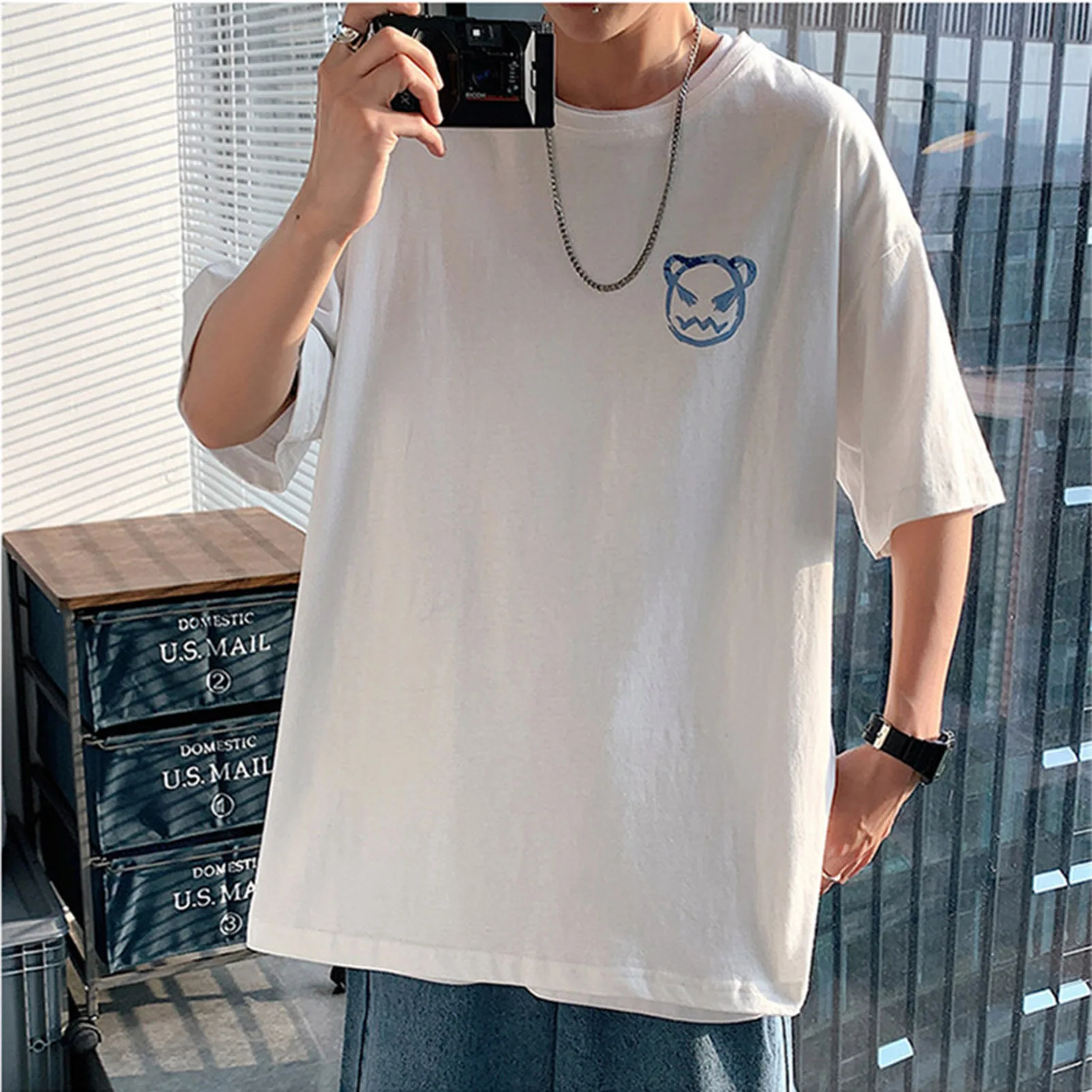 Half Sleeve Crew Neck T-Shirt Trendy Student Loose Sports Cartoon Evil Tops for Daily Shopping Outfit