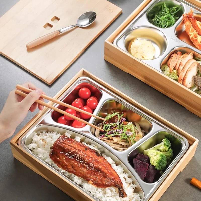 Bamboo Bento Box Stainless Steel Compartment Lunch Box Japanese Lunch Tray Bamboo Storage Box Restaurant Commercial Lunch Box