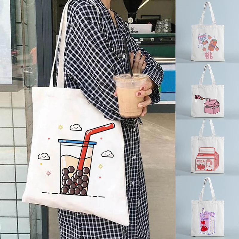 Milk and Tea Printed Women Shoulder Bag Kawaii Shopping Bags Ladies Cartoon Canvas School Handbag High Capacity Tote Bag Gifts