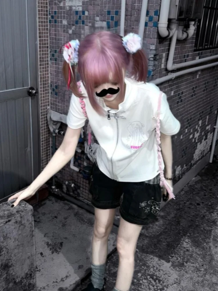 summer new anime print plate cute women's T-shirt emo tops Y2K retro Harajuku zipper cardigan women's short sleeved T-shirt