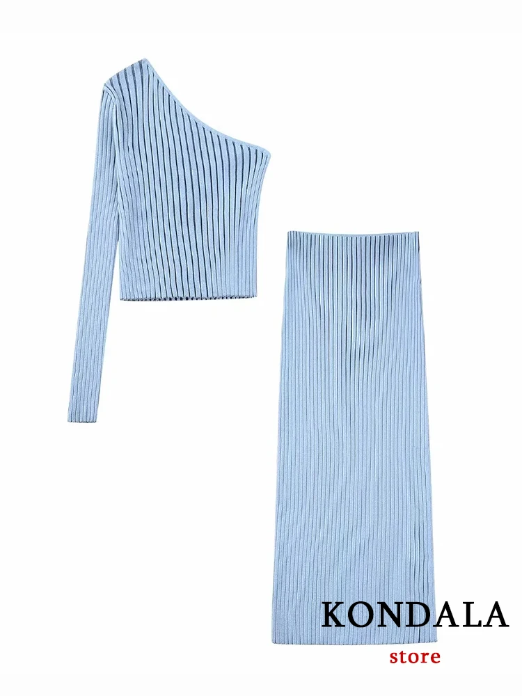 KONDALA Chic Sexy Solid Blue Sheath Knit Women Suits Fashion 2023 Spring Single Sleeve Skew Collar Tight Tops Slim Long Skirt